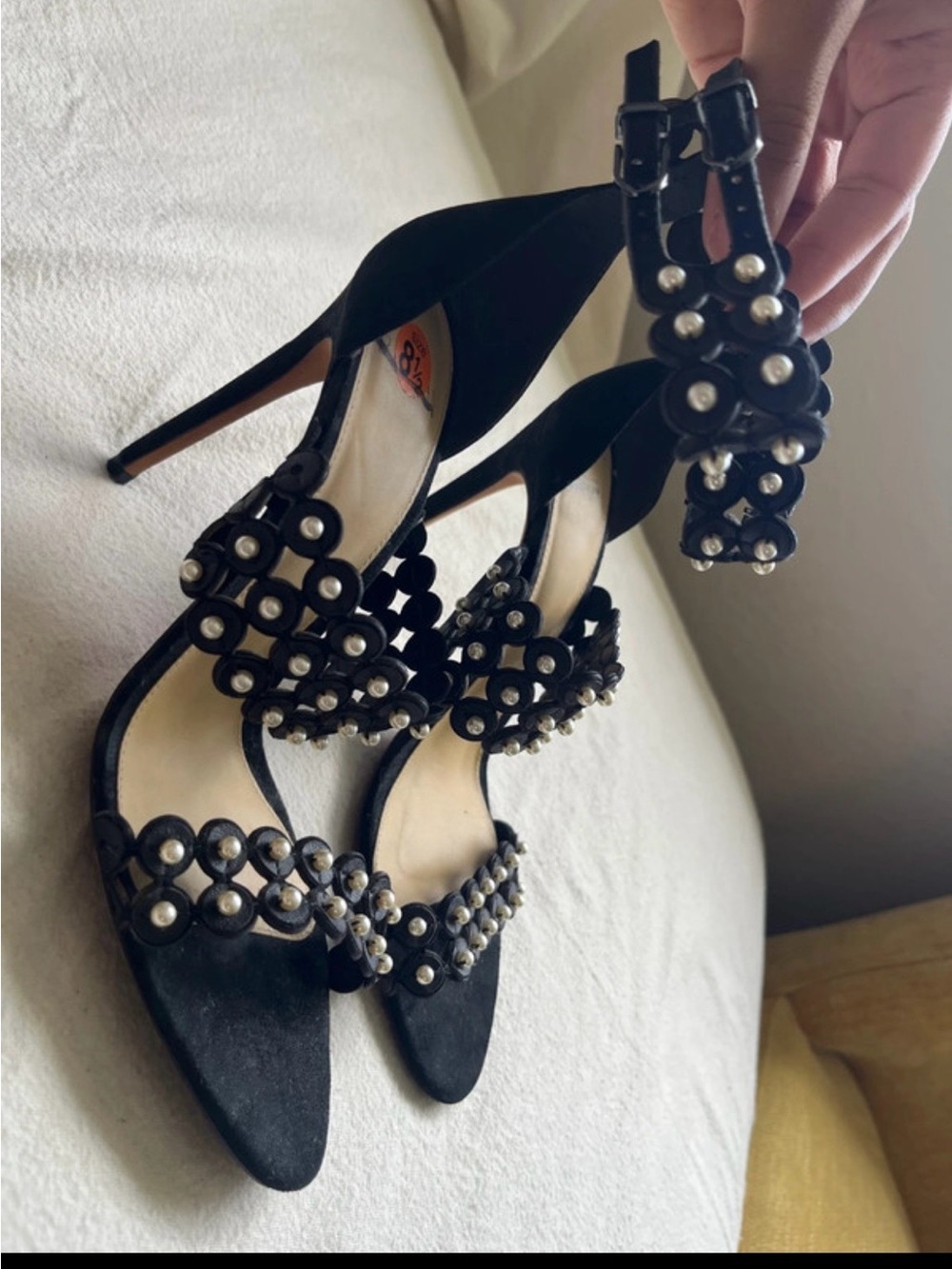 Alexandre Birman Black Pearl-Embellished Strappy High Heels